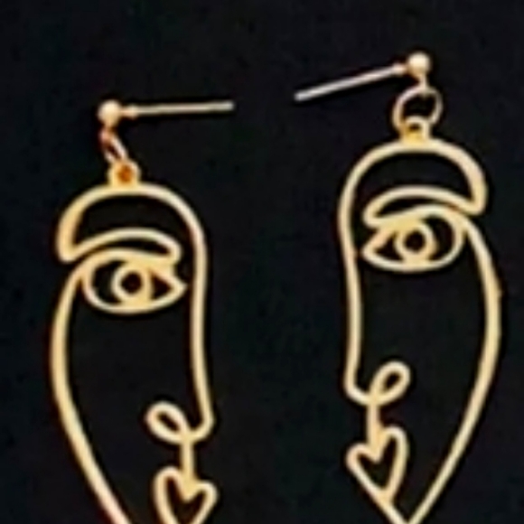 Gold Abstract Cut Out Face Earrings - Picture 4 of 4